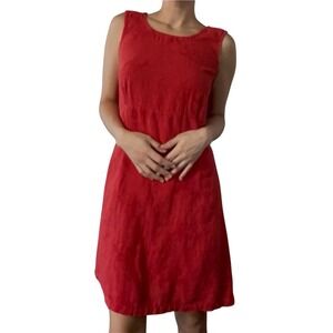 Vintage Red 100% Linen Dress – Size Small – Made in USA Embroidered Detail Cool
